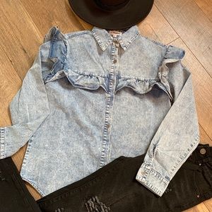 Midnight Ride Denim Top Ruffled long sleeve denim top